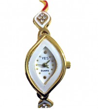 Diamond Shape Ladies Wrist Watch, Analog Quartz Watch, American Diamond Crafted Chain, Gold and White Color 